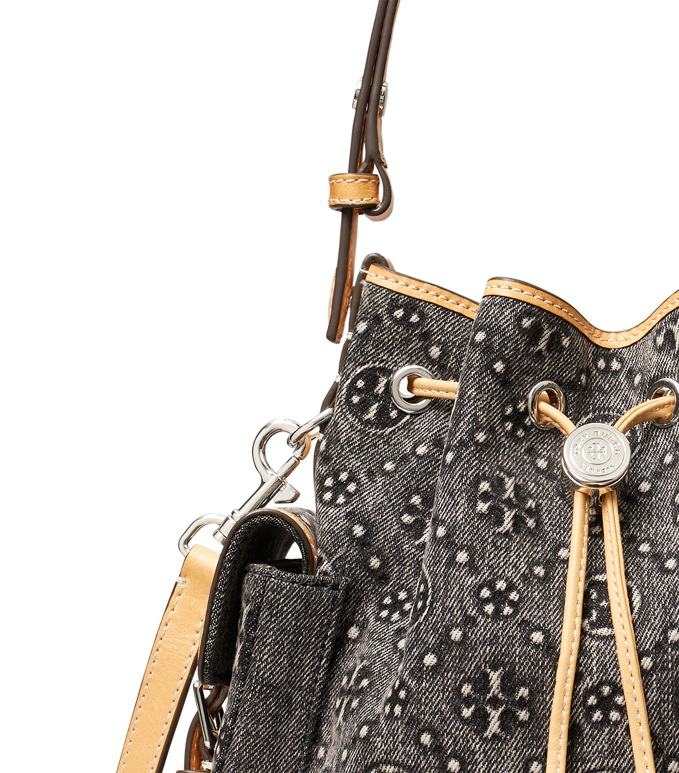 T Monogram Denim Bucket Bag with Pockets Black