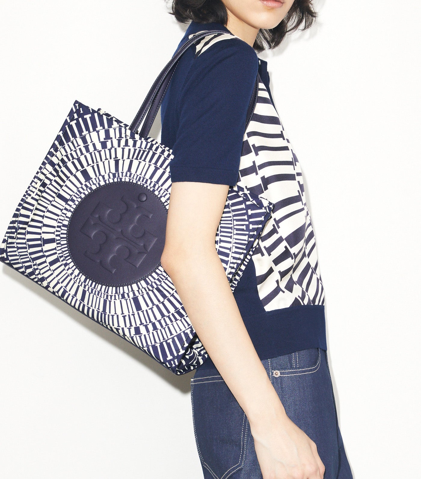 Tory Burch Ella Printed Small Tote Navy Circle