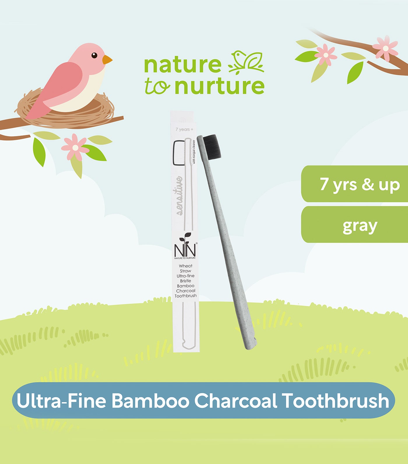 Wheat Straw Ultra-fine Bristle Bamboo Charcoal Toothbrush Gray