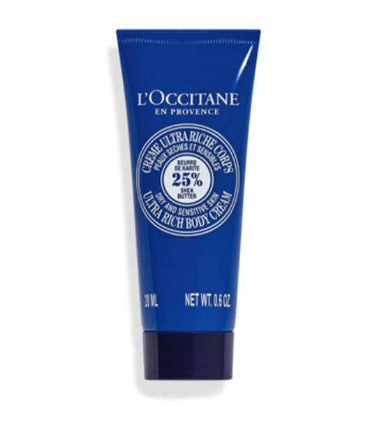 Complimentary L'Occitane Pouch, Reusable Face Wipes, a Shea Ultra Rich Body Cream 20ml, and Wisteria Hand Cream 10ml