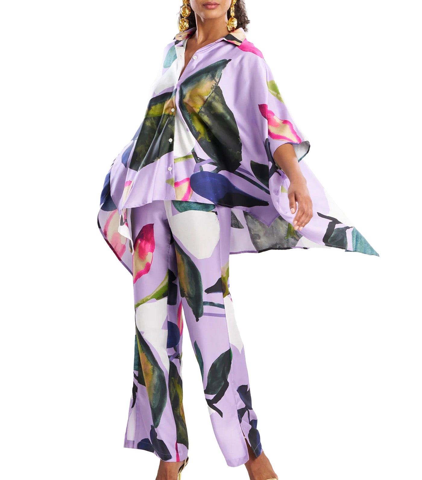 Yoru Silk Twill Button Down Caftan Shirt Deep Orchid