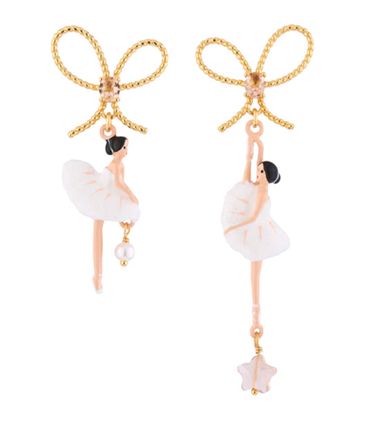 Ribbon and Ballerina Asymmetric Earrings White