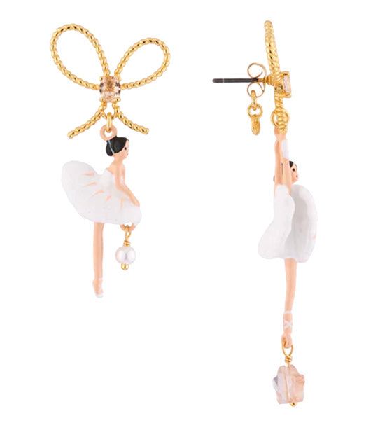 ◆[レネレイド]WHITE^BALLERINA^EARRINGS◆ Les Nereides Ribbon and Ballerina Asymmetric Earrings White