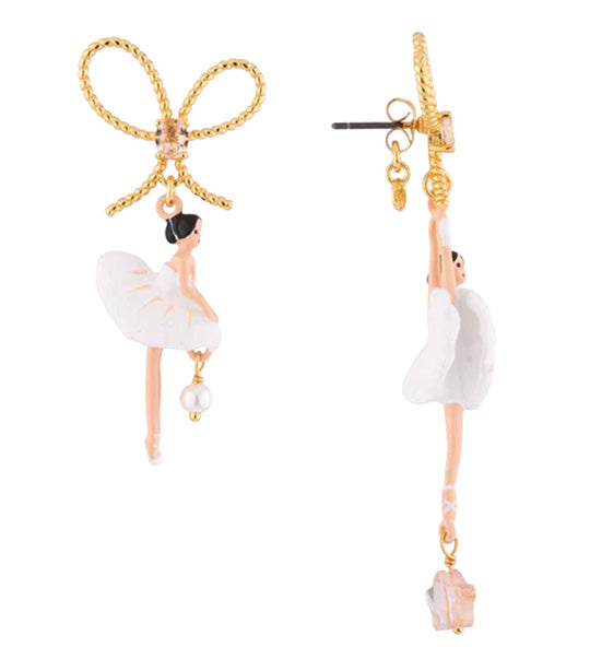 Ribbon and Ballerina Asymmetric Earrings White