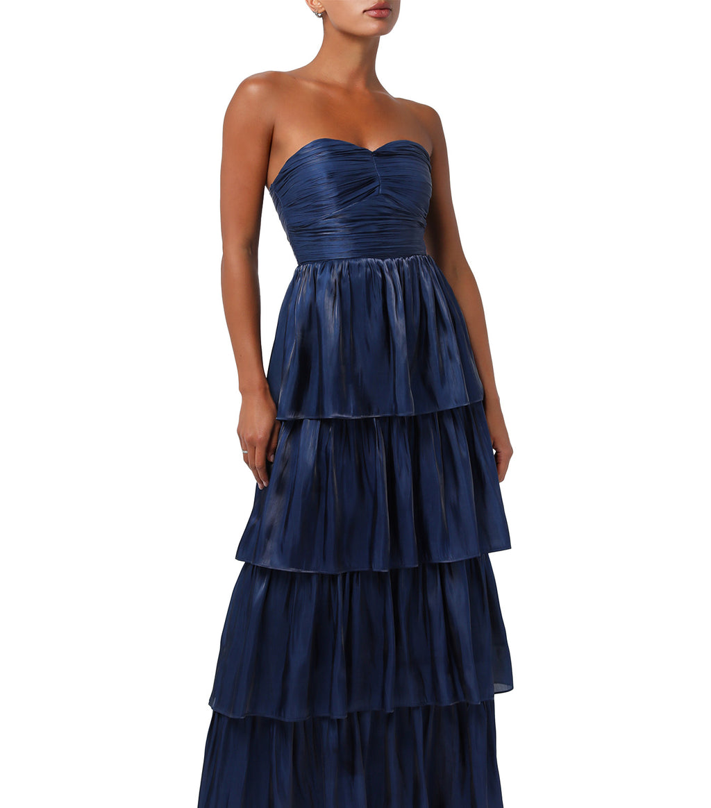 lavish perfection navy blue ruffled tiered maxi dress Lulus Lavish Perfection Navy Blue Ruffled Tiered Maxi Dress Size L New