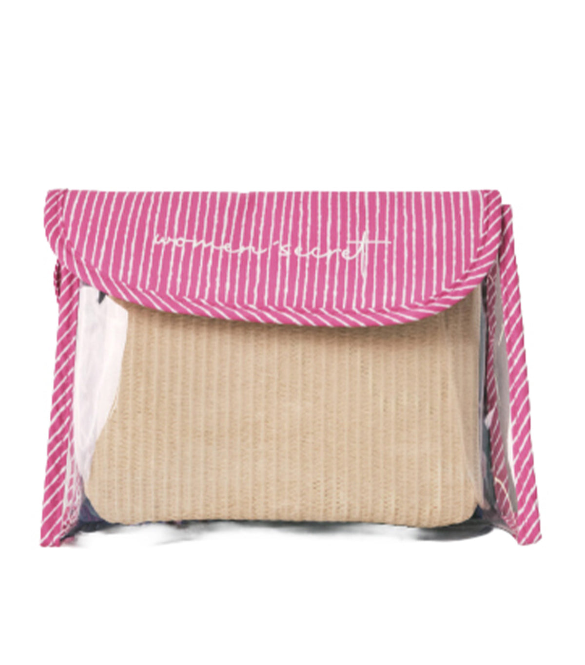 Set Of 2 Transparent And Raffia Cosmetic Bags Pink
