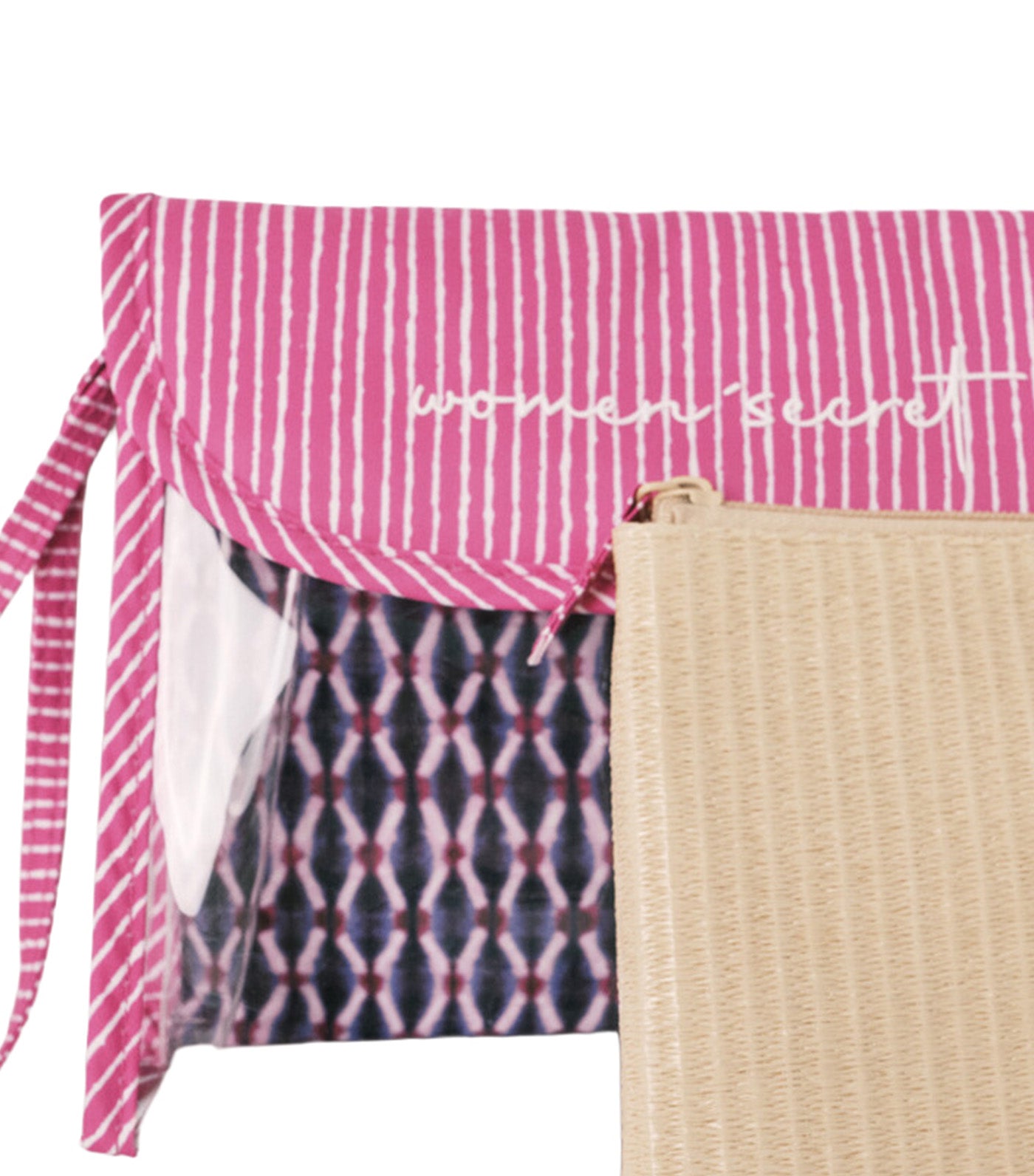 Set Of 2 Transparent And Raffia Cosmetic Bags Pink