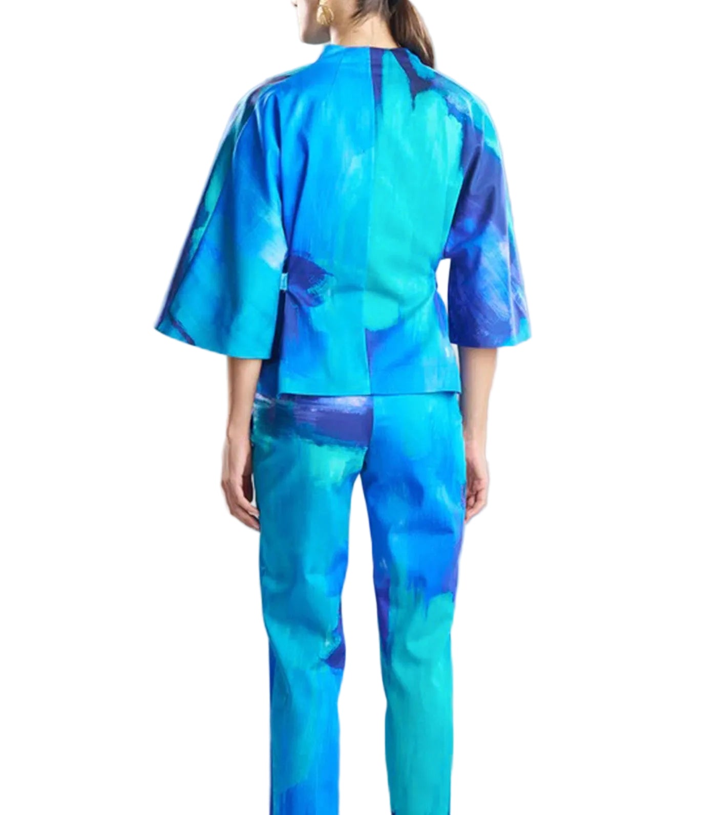 Brushstroke Cotton Chino Belted Kimono Jacket Blue