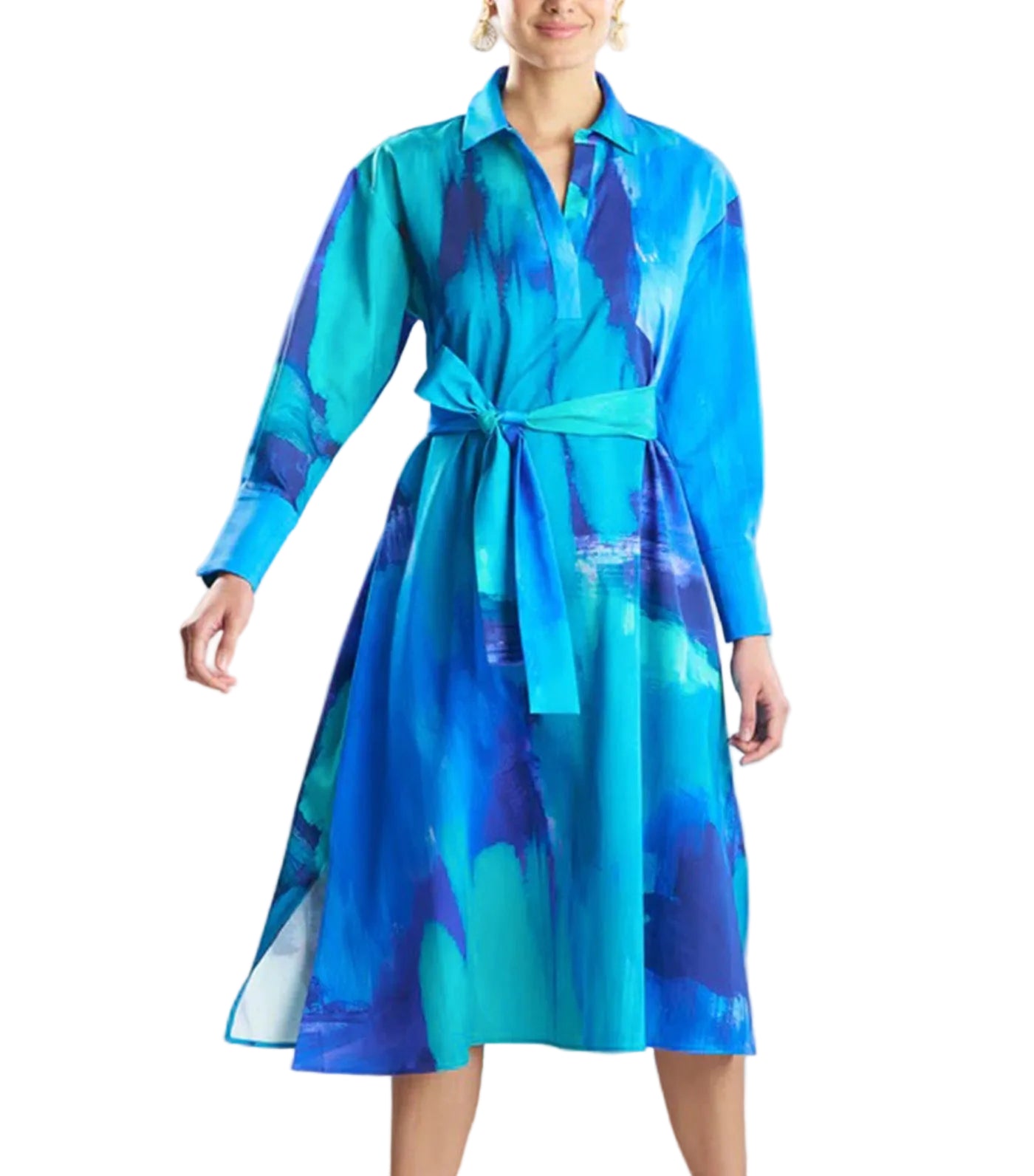 Brushstroke Cotton Chino Oversized Shirtdress Blue