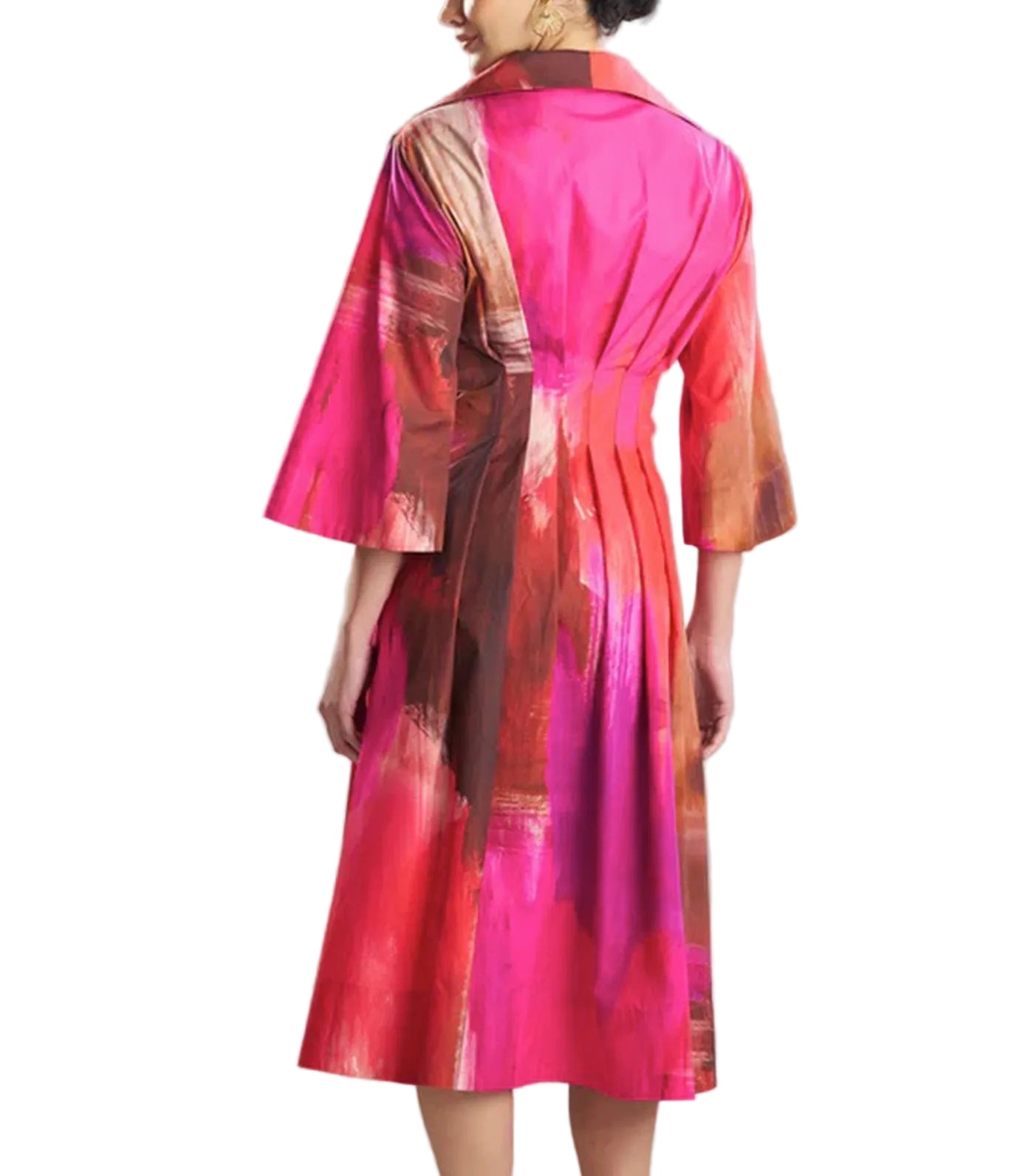 Brushstroke Cotton Taffeta Bell Sleeve Shirtdress Magenta