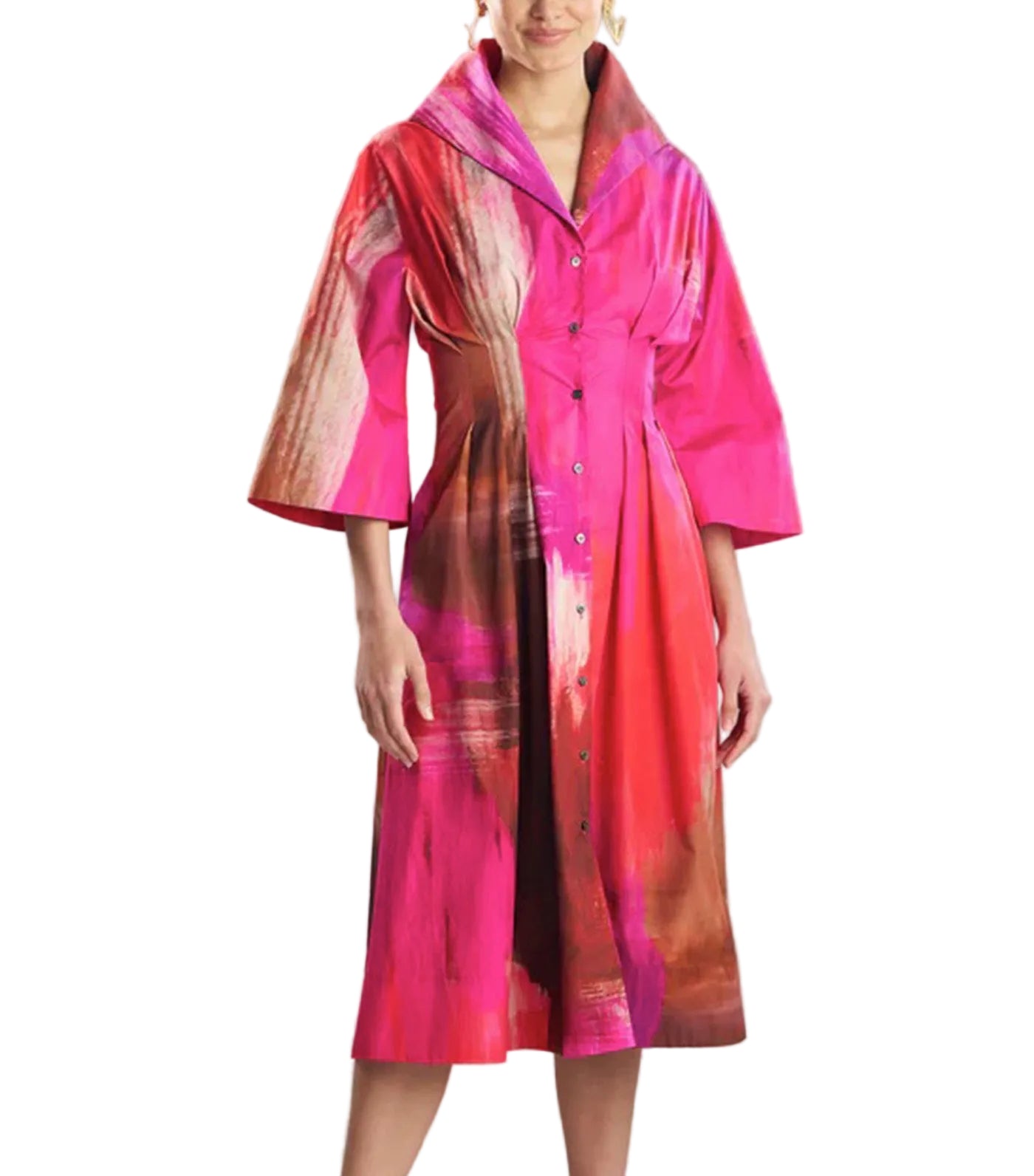 Brushstroke Cotton Taffeta Bell Sleeve Shirtdress Magenta