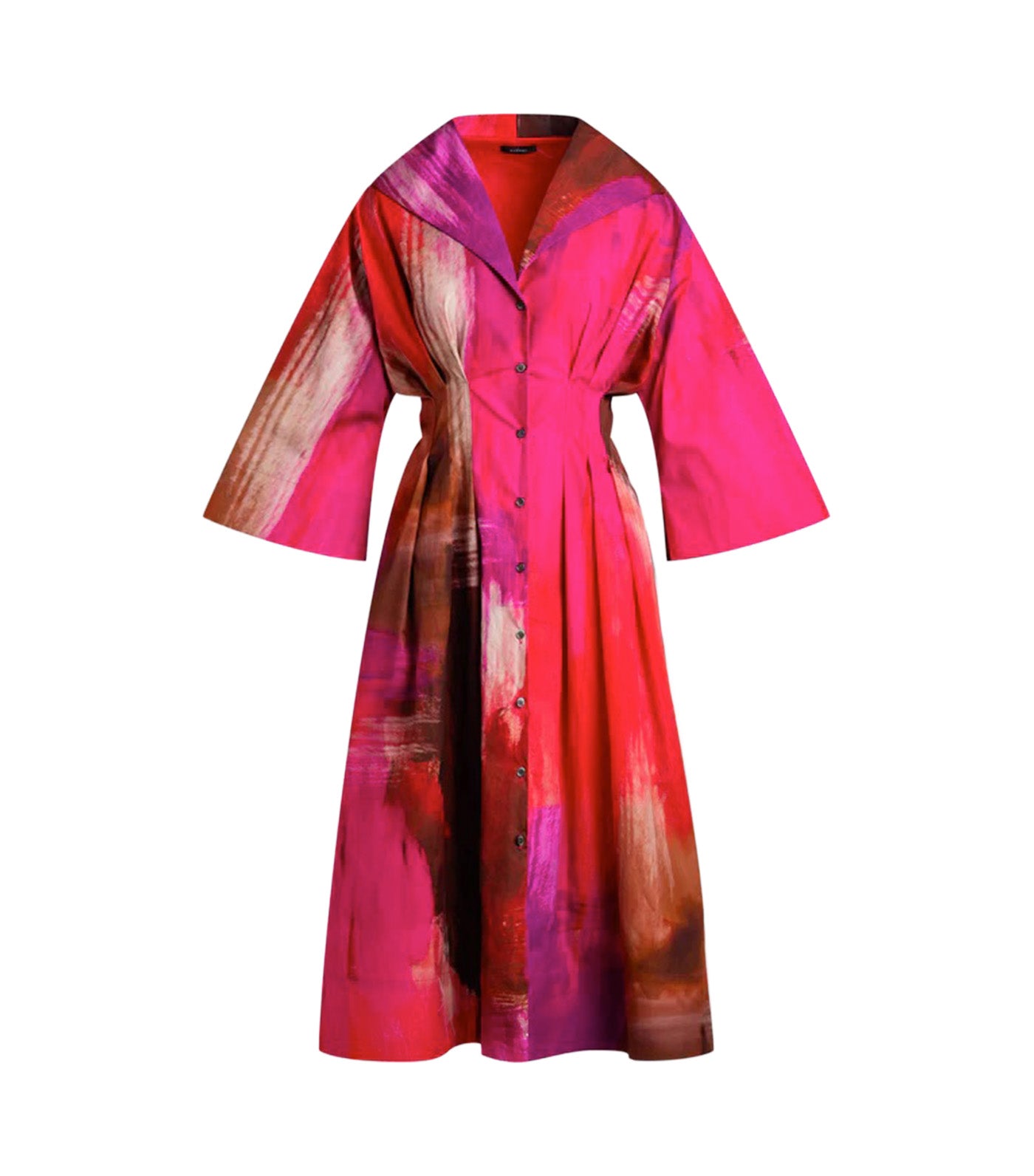 Brushstroke Cotton Taffeta Bell Sleeve Shirtdress Magenta
