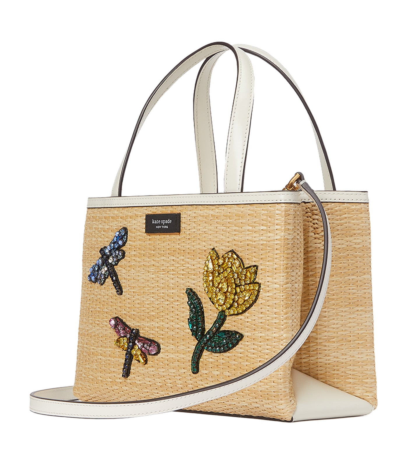 Sam Icon Dragonfly Embellished Straw Small Tote Natural Multi