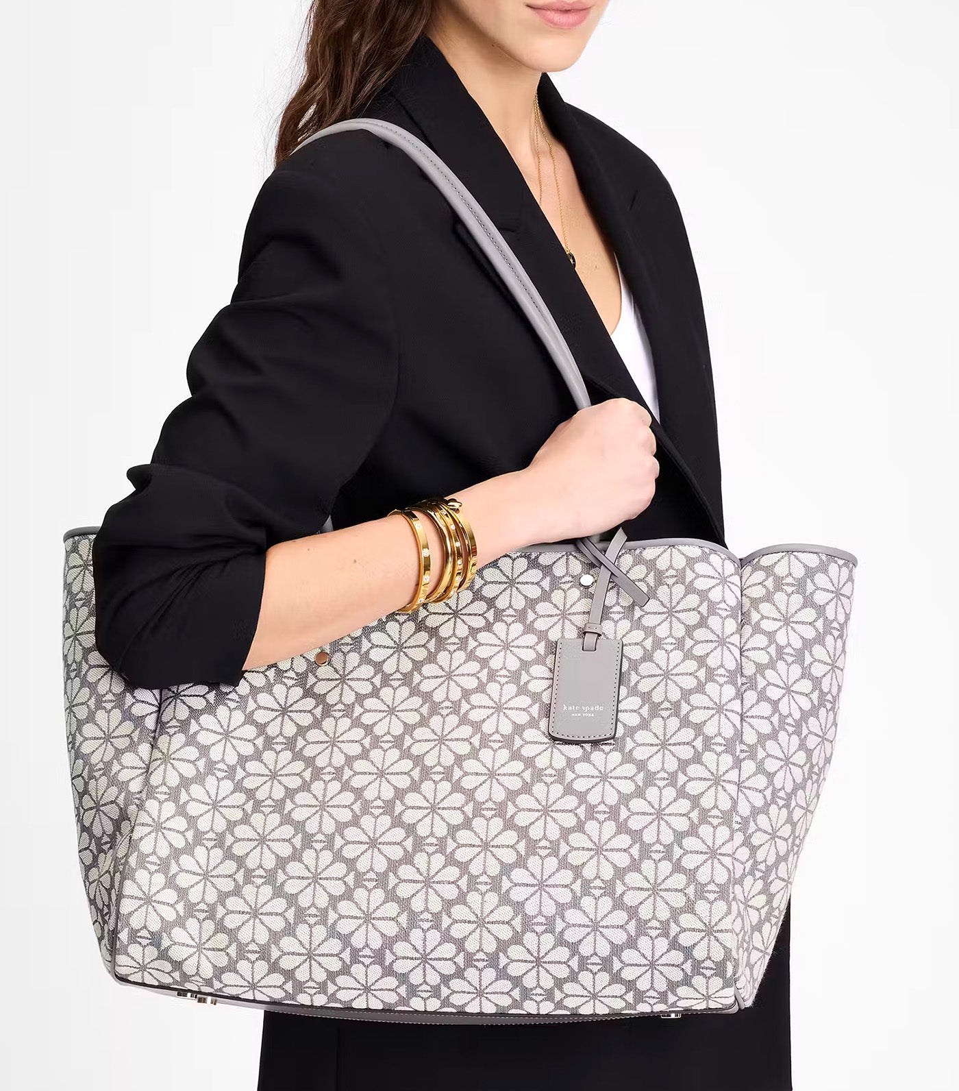 Kate Spade 花柄ジャガードトートバッグ グレー　A4サイズ　美品❗️ Kate Spade New York Spade Flower Jacquard Large Everything Tote