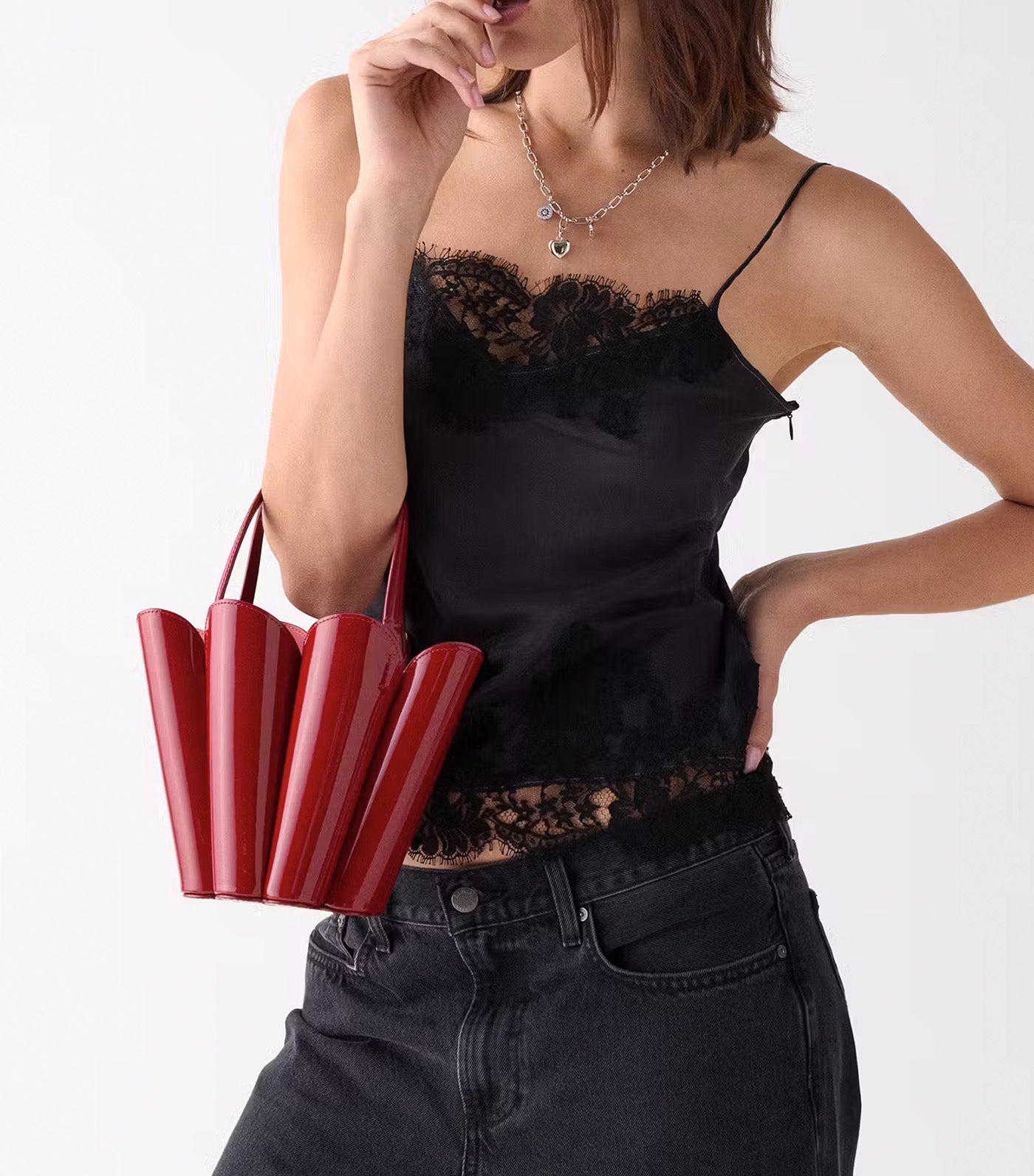 The Patent Spade Flower Bucket Bag Dark Scarlet