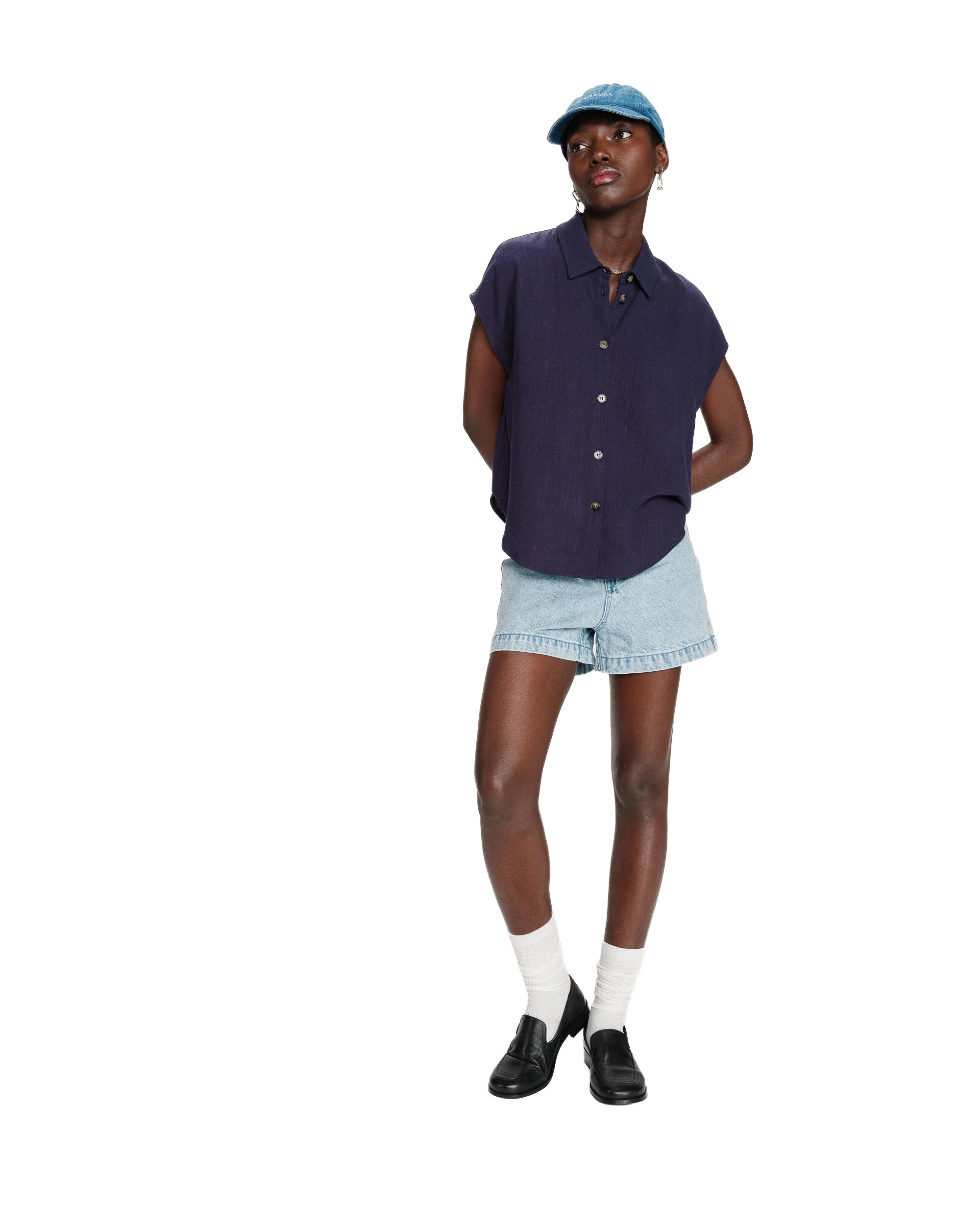 Perez Fluid Short-Sleeved Linen Shirt Navy