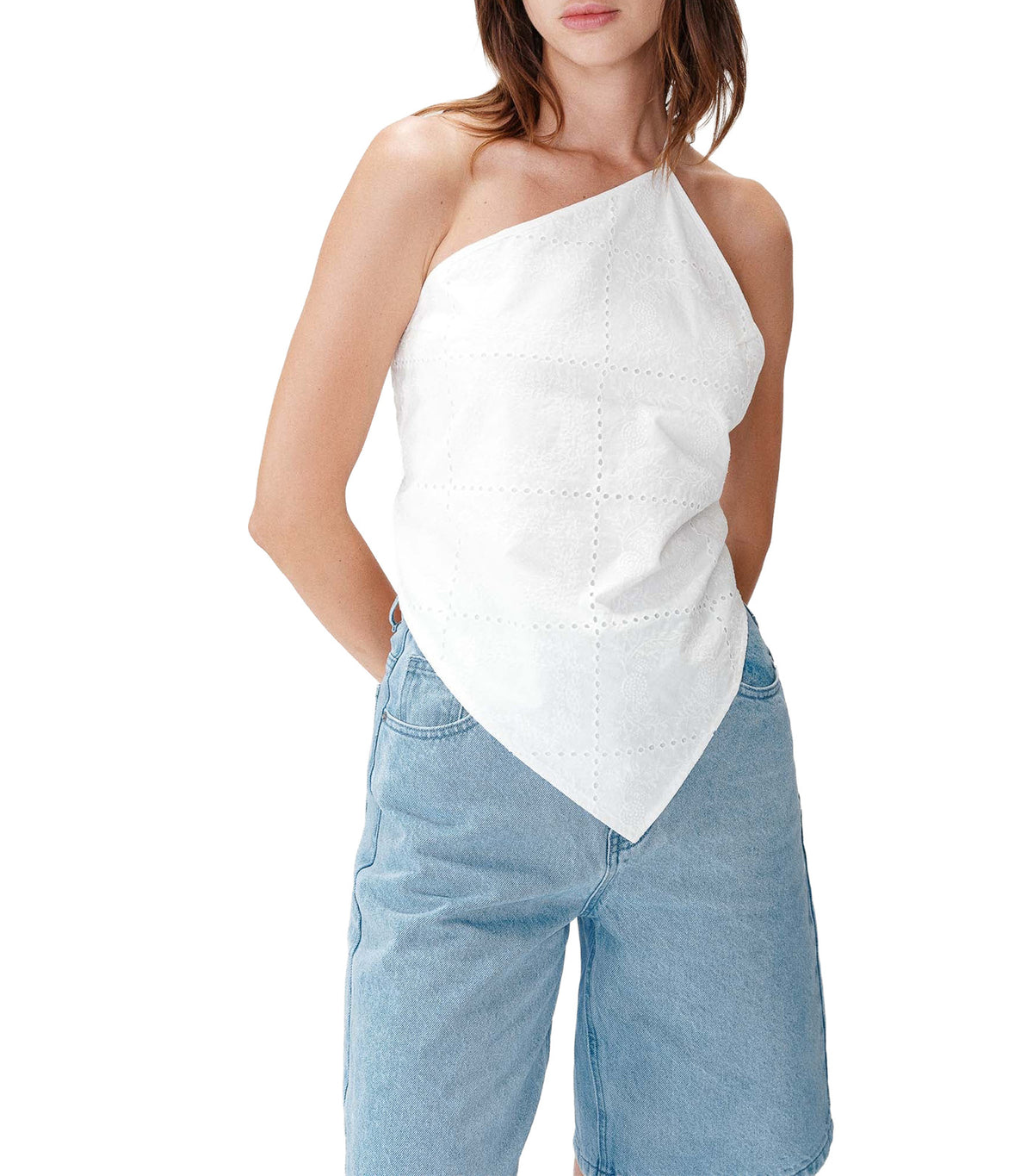 Waiting Asymmetric Embroidered Cotton Halter Top White