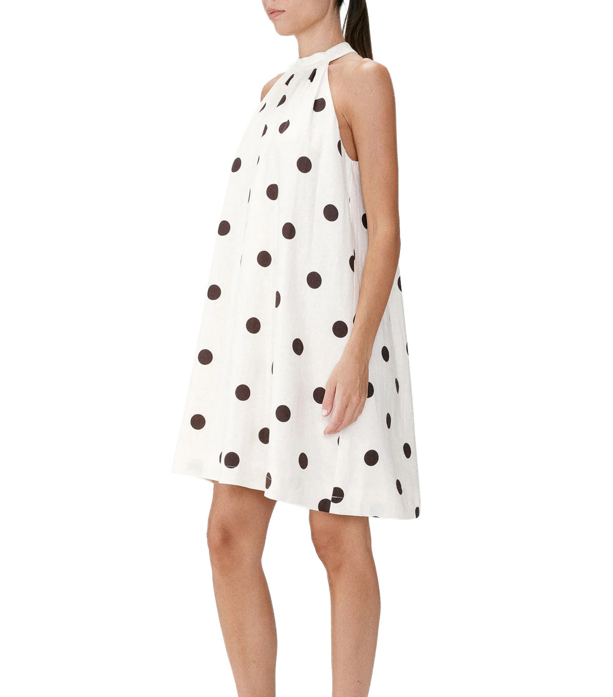 Warna Flared Short Sleeveless Polka-Dot Dress Ecru