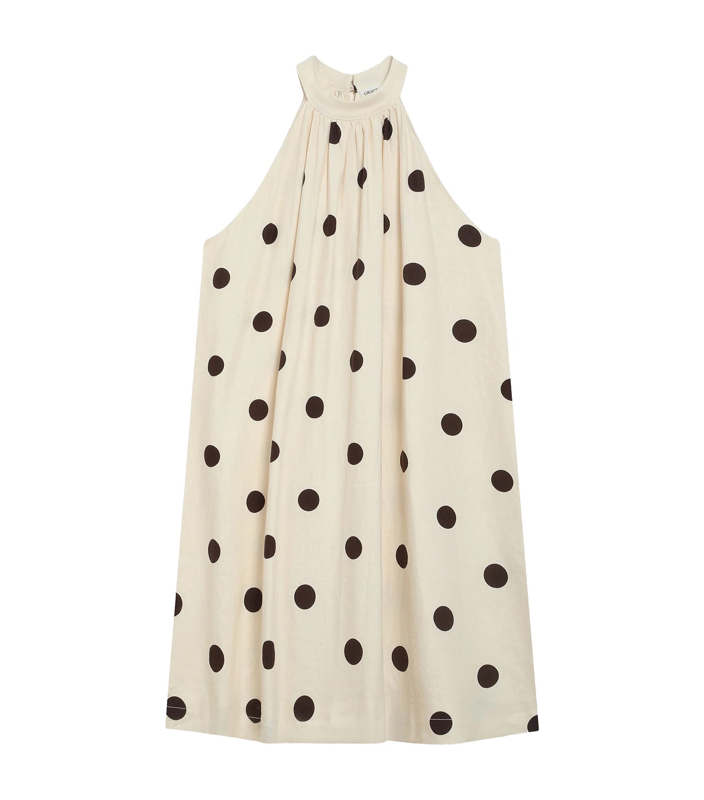 Warna Flared Short Sleeveless Polka-Dot Dress Ecru