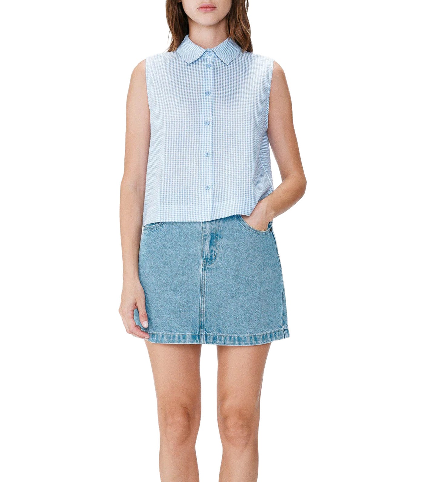 Windell Sleeveless Gingham Cotton Shirt Sky Blue