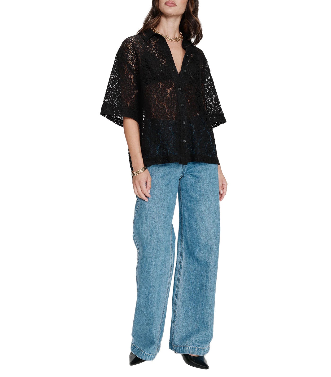 Vendel Sheer Three-Quarter-Sleeved Lace Shirt Black