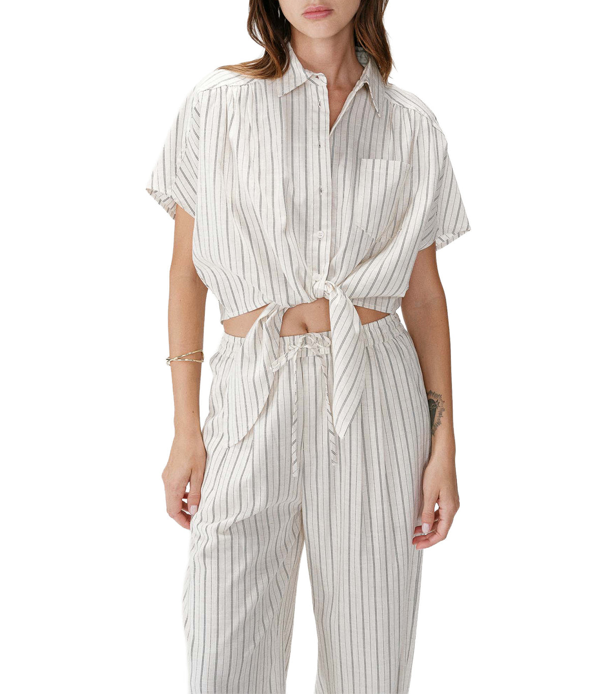 Wendee Oversized Striped Tie-Front Shirt Sand