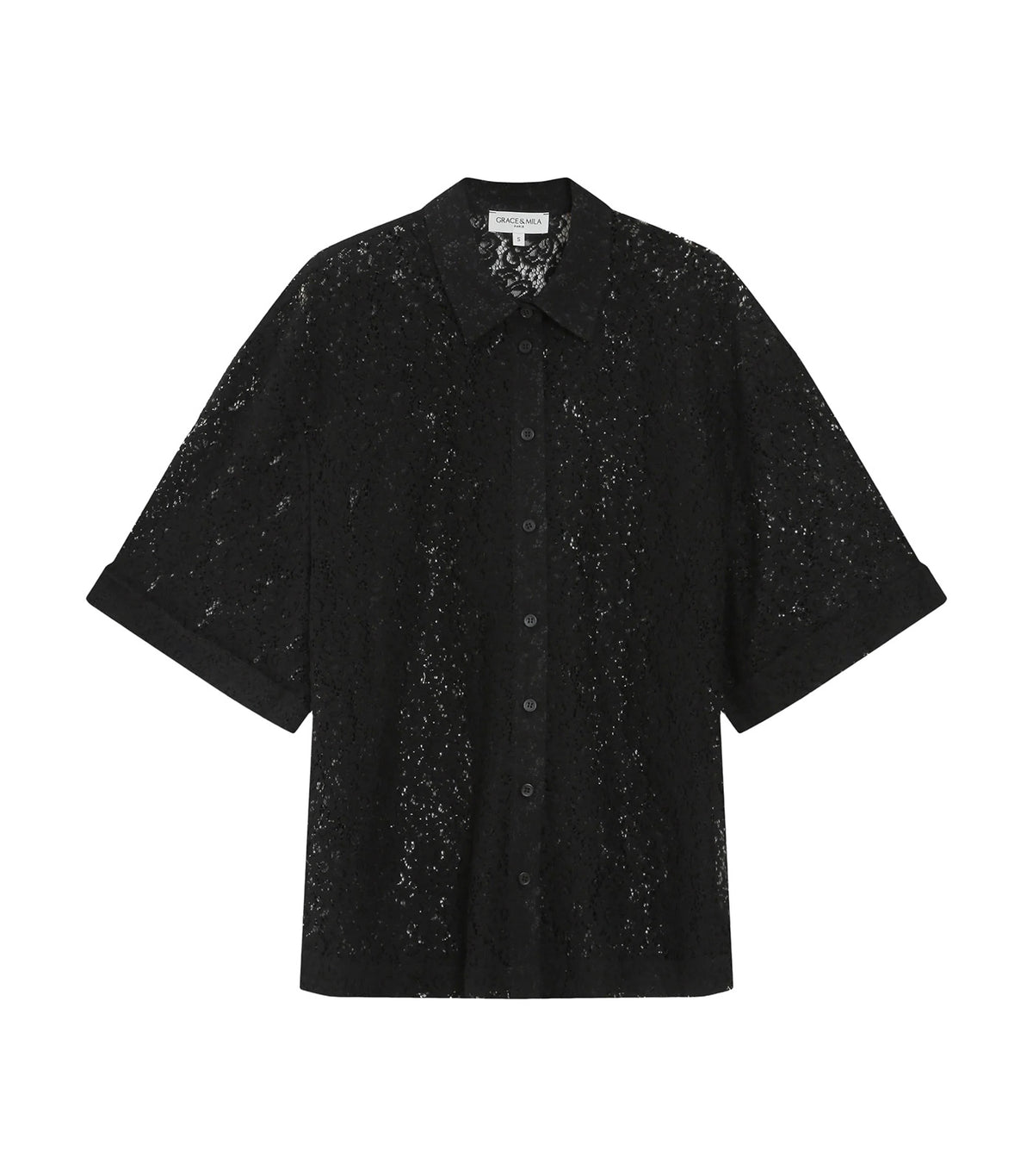 Vendel Sheer Three-Quarter-Sleeved Lace Shirt Black