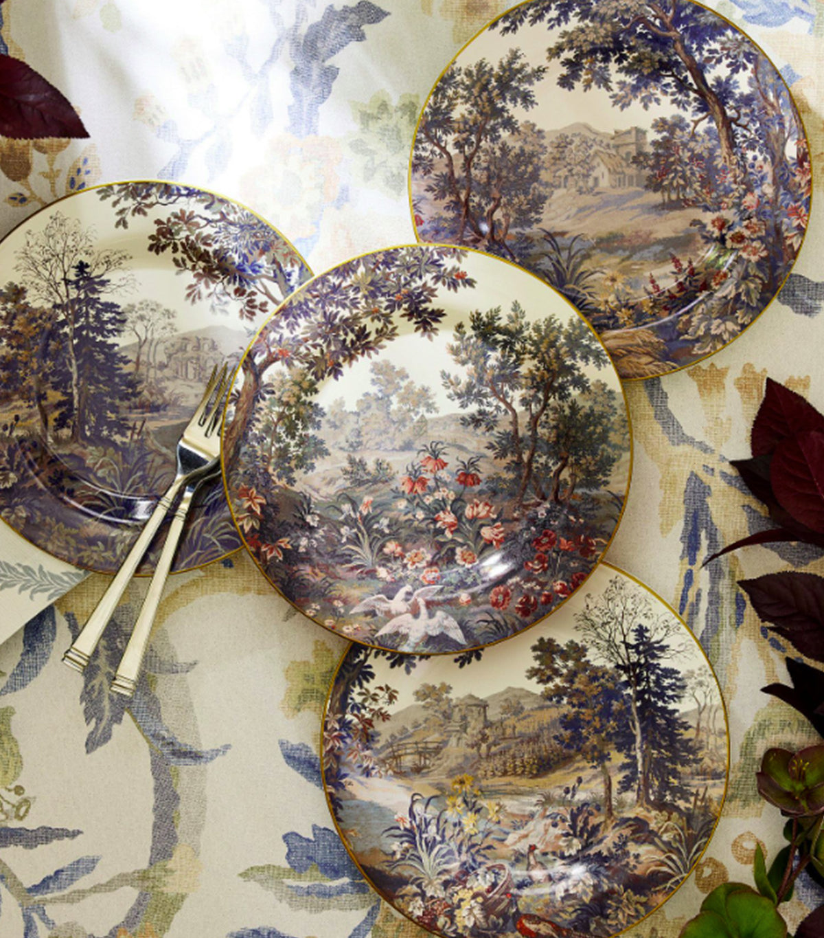 Kravet Folly Scenic Stoneware Salad Plates Mixed Set of 4 Multi