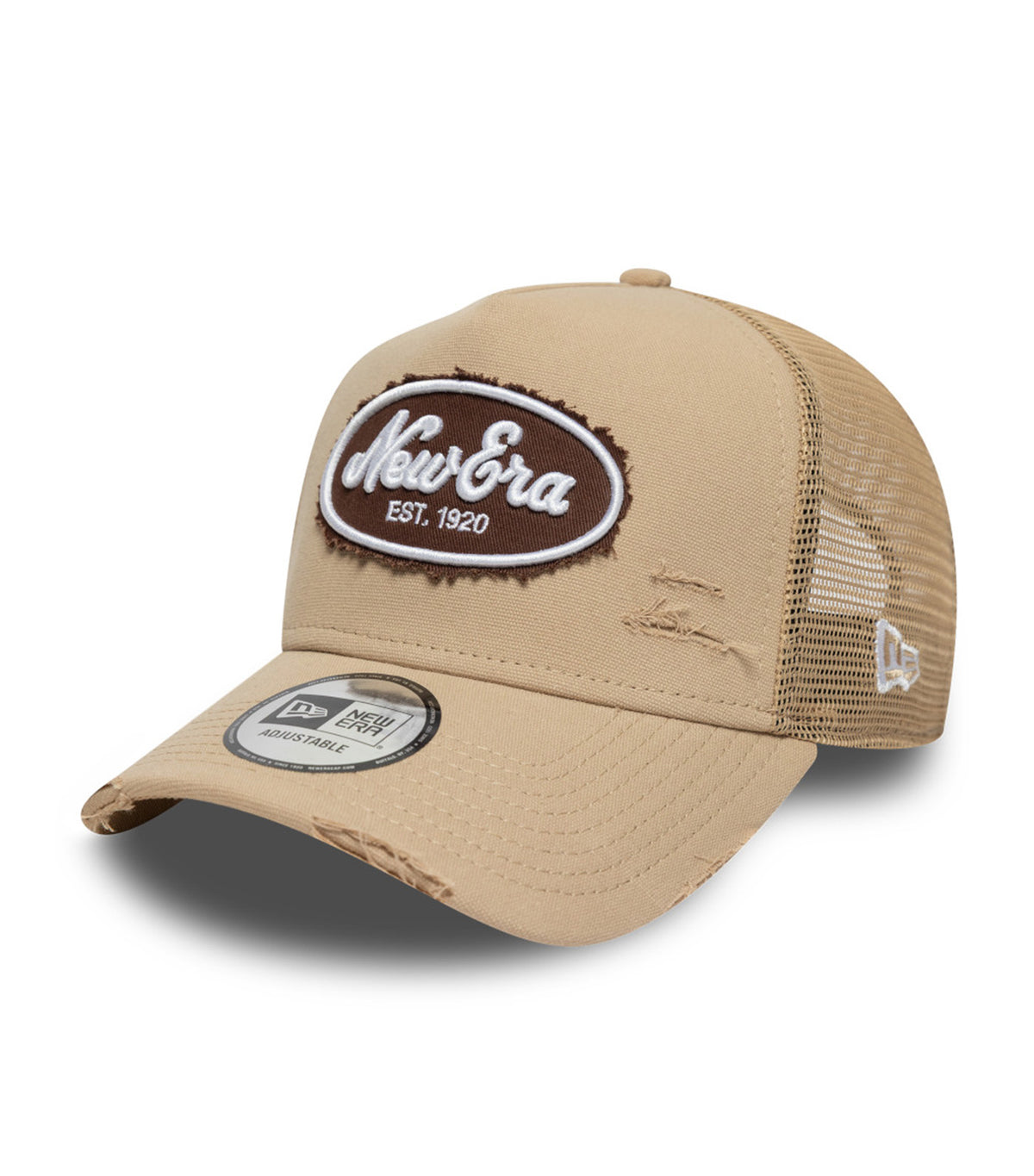 Oval Logo Canvas Distress Navy 9FORTY E-Frame Trucker Snapback Cap Camel