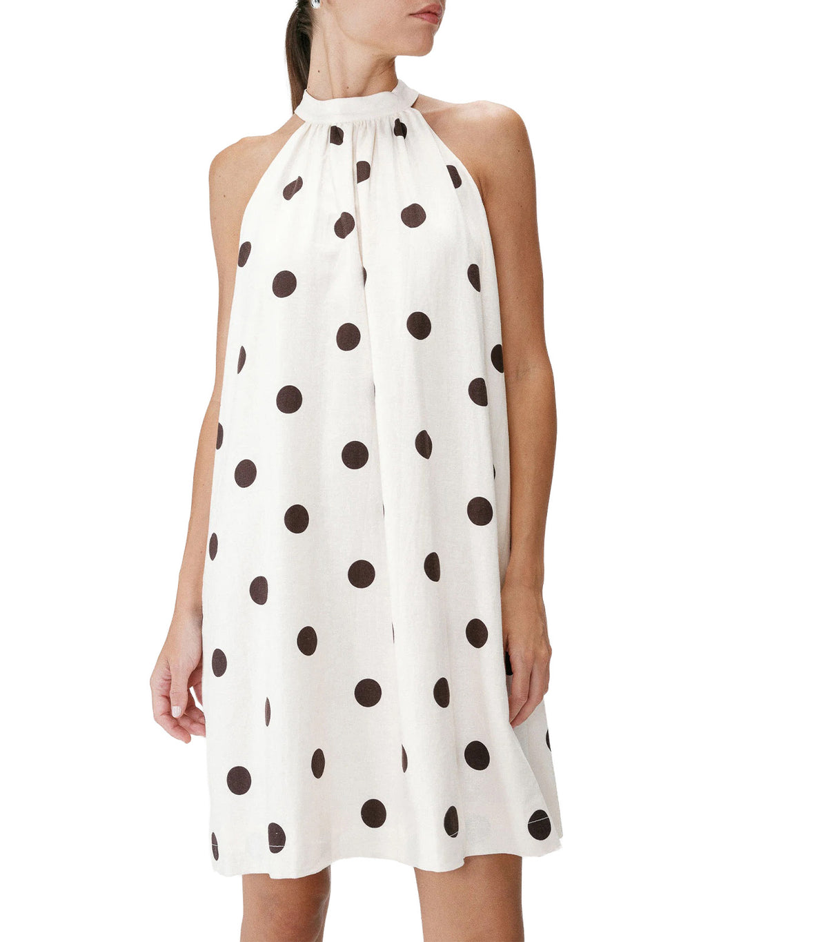 Warna Flared Short Sleeveless Polka-Dot Dress Ecru