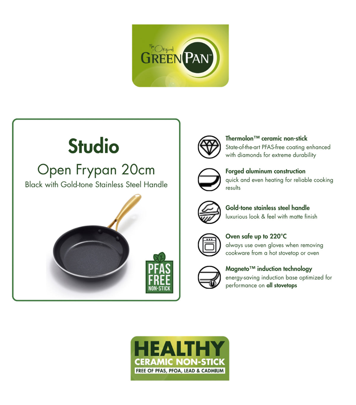 Studio Open Frypan Black with Gold Handle