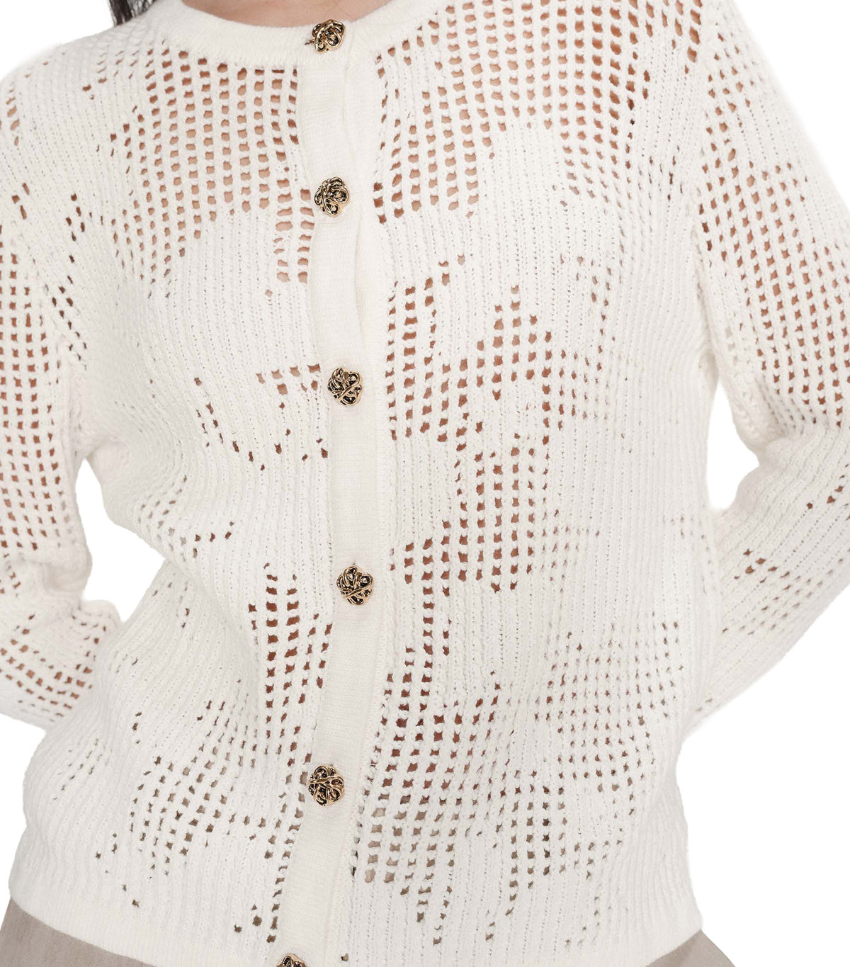Velasquez Openwork Knit Long-Sleeve Cardigan Ecru