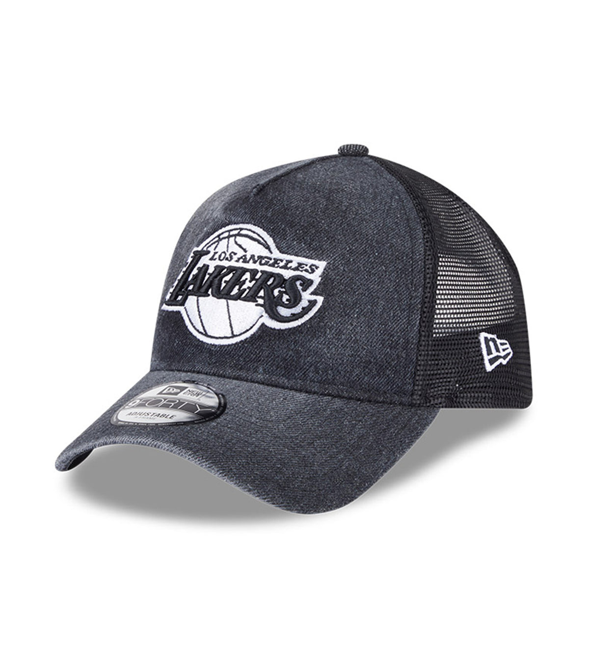 Los Angeles Lakers Washed Denim Q126 9FORTY A-Frame Trucker Adjustable Cap Black