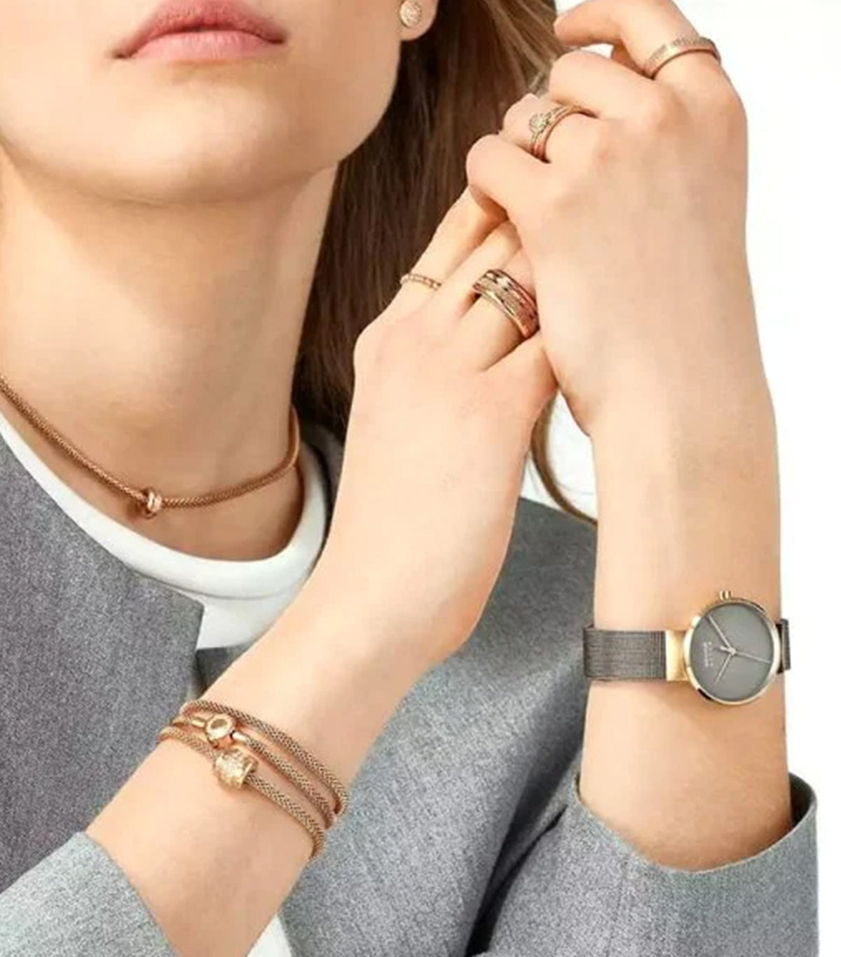 14331-369 Women's Steel Mesh Solar Watch Silver/Rose Gold