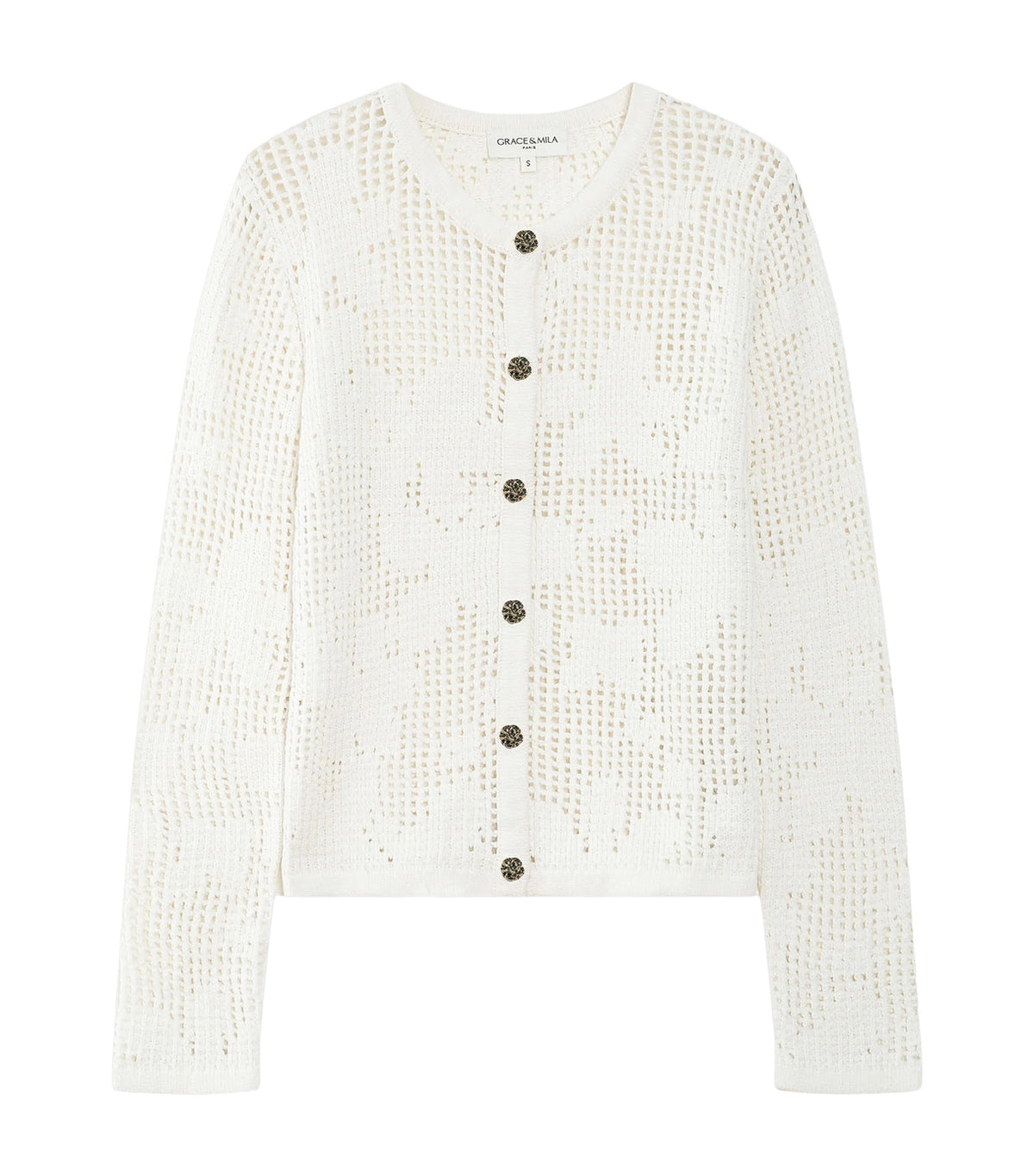 Velasquez Openwork Knit Long-Sleeve Cardigan Ecru