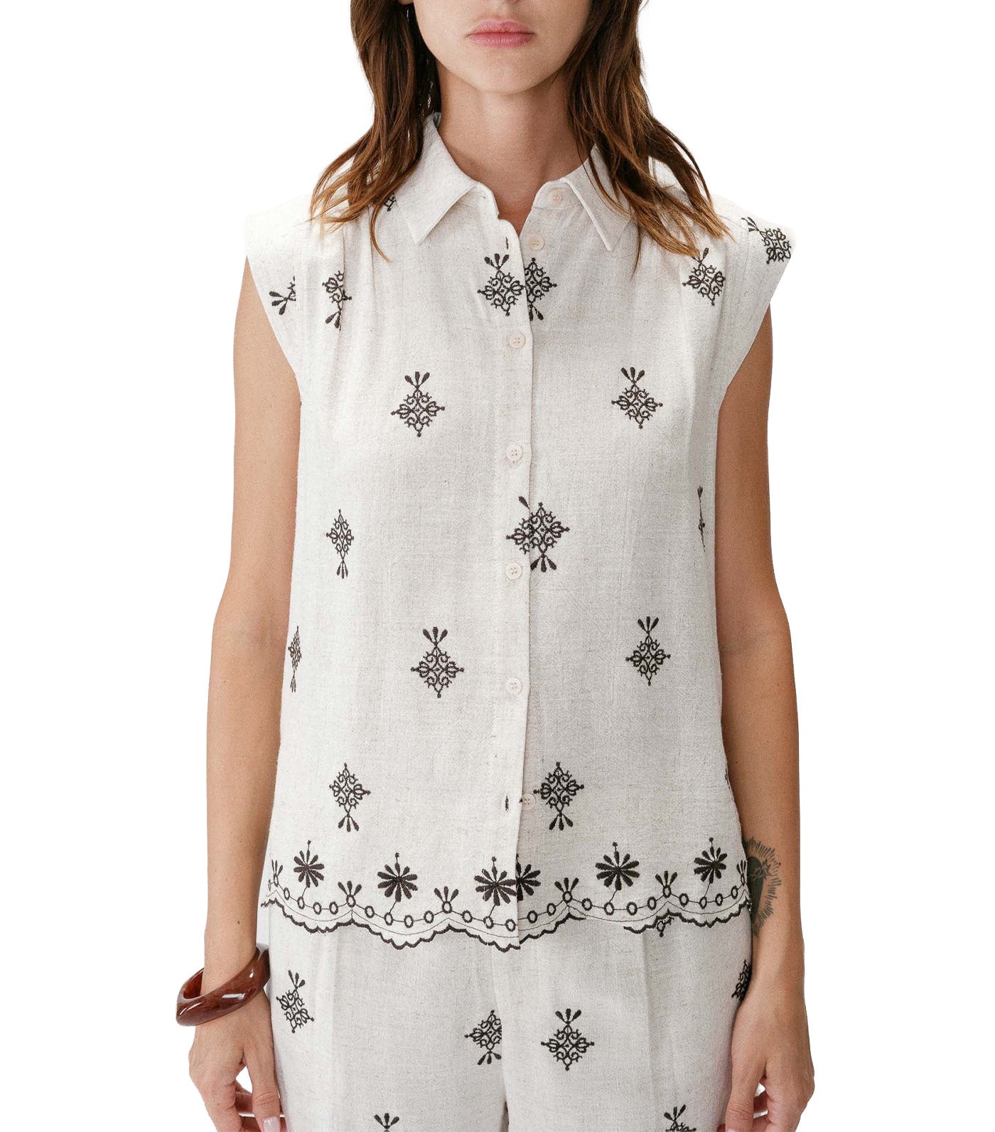 Wisenna Patterned Sleeveless Shirt Chocolate