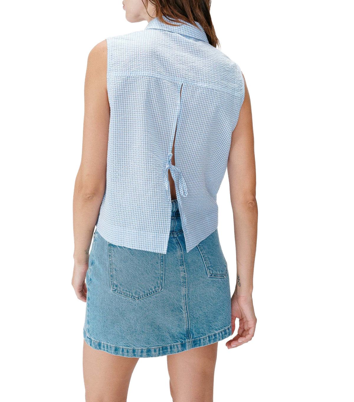 Windell Sleeveless Gingham Cotton Shirt Sky Blue