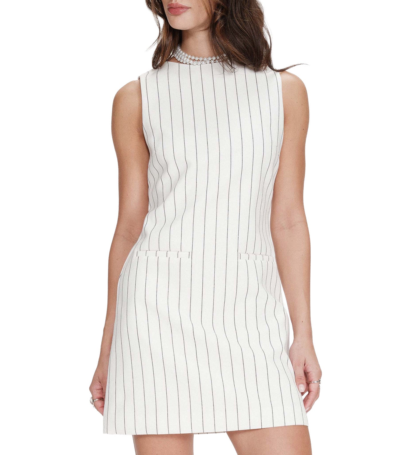 Vea Straight-Cut Short Striped Linen Dress White