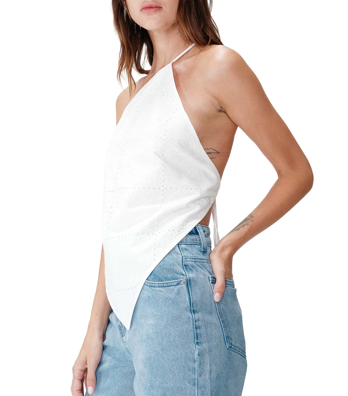 Waiting Asymmetric Embroidered Cotton Halter Top White