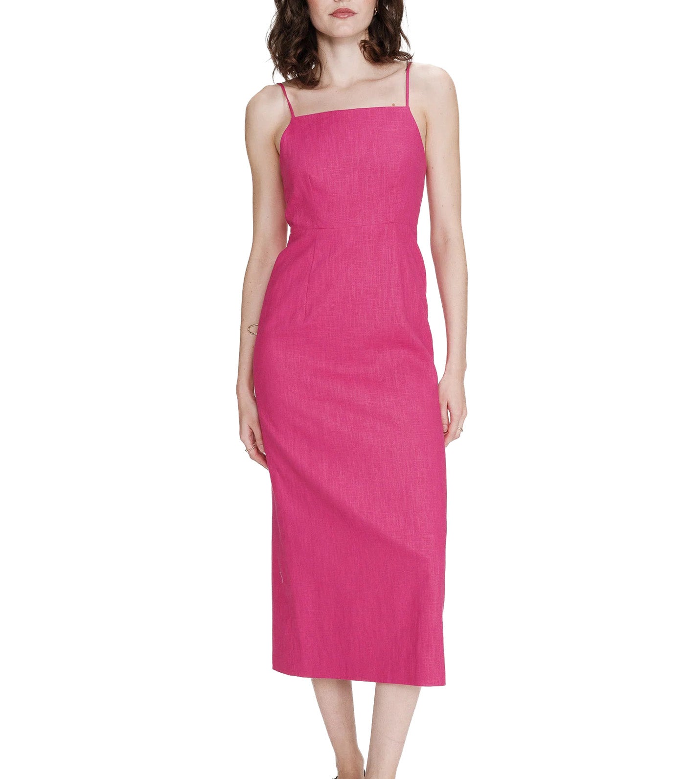 Veranys Fitted Square-Neck Long Linen Dress Fuchsia