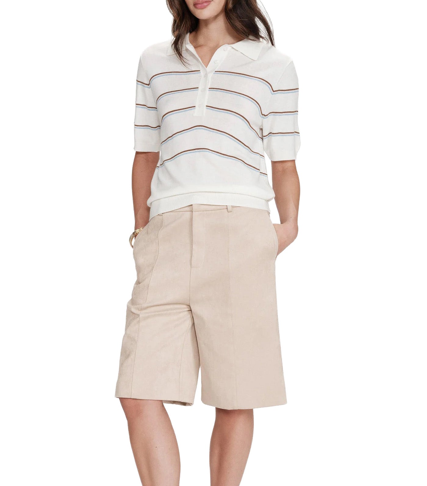Veracruz Striped Short-Sleeve Polo Ecru