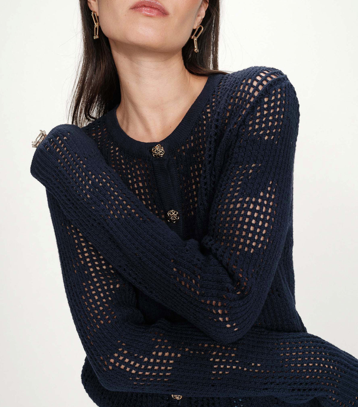 Velasquez Openwork Knit Long-Sleeve Cardigan Marine