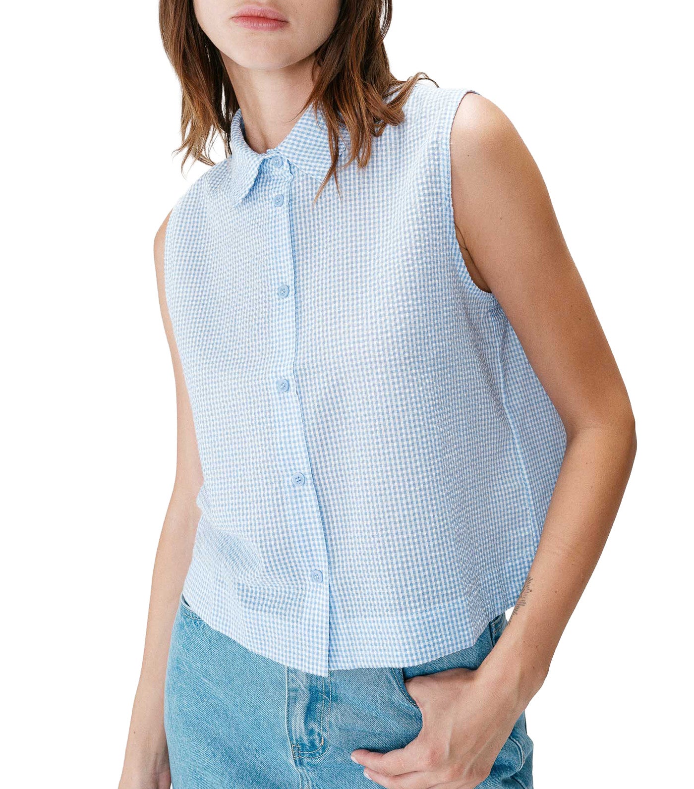 Windell Sleeveless Gingham Cotton Shirt Sky Blue