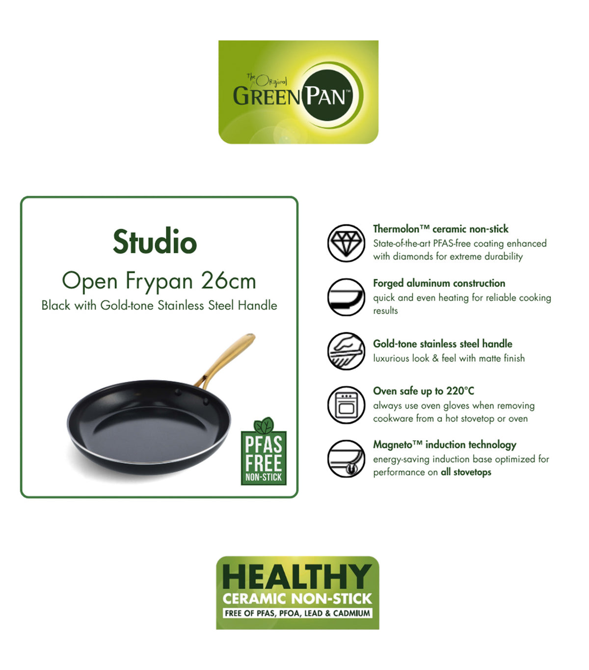 Studio Open Frypan Black with Gold Handle