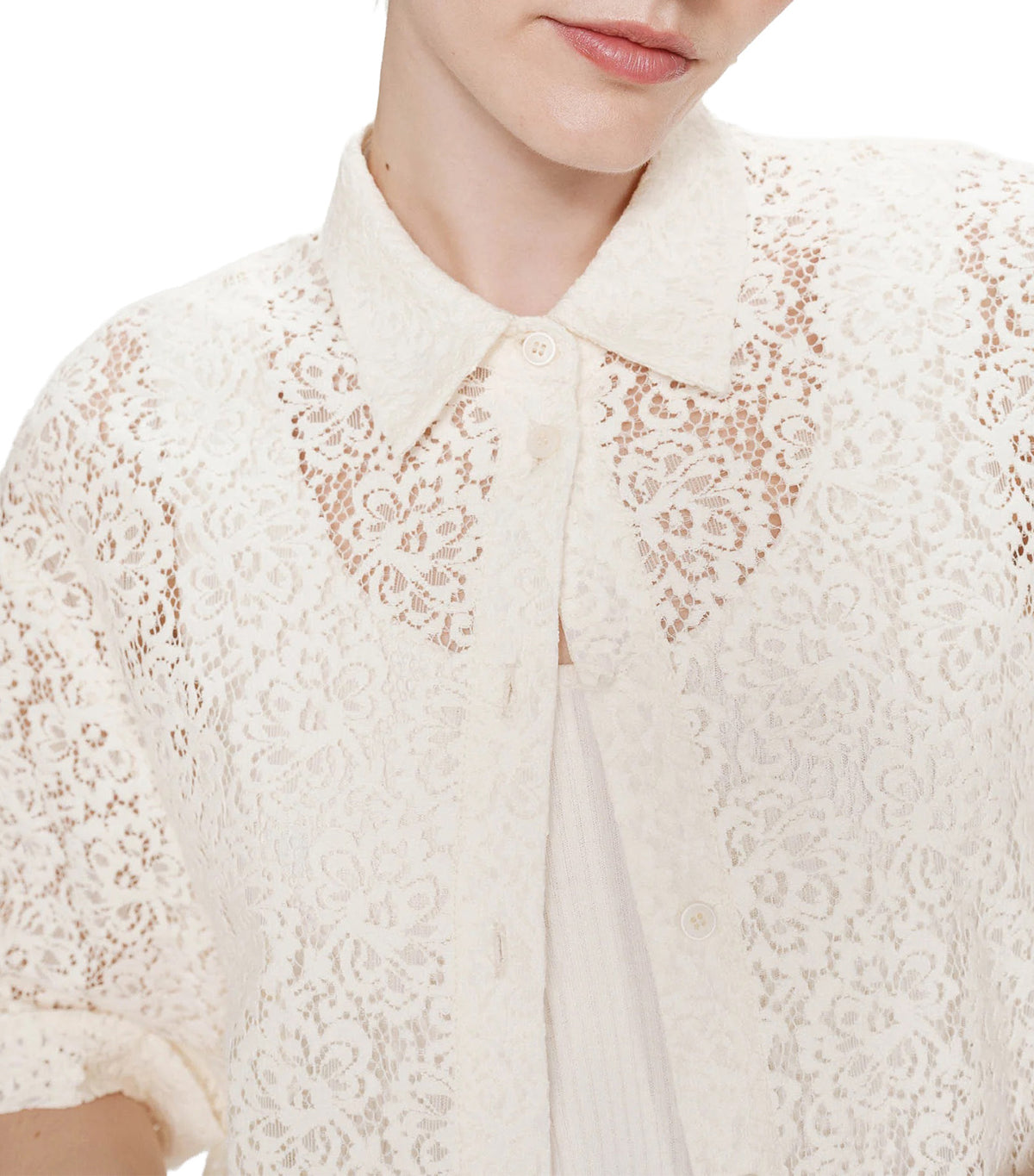 Vendel Sheer Three-Quarter-Sleeved Lace Shirt Ecru