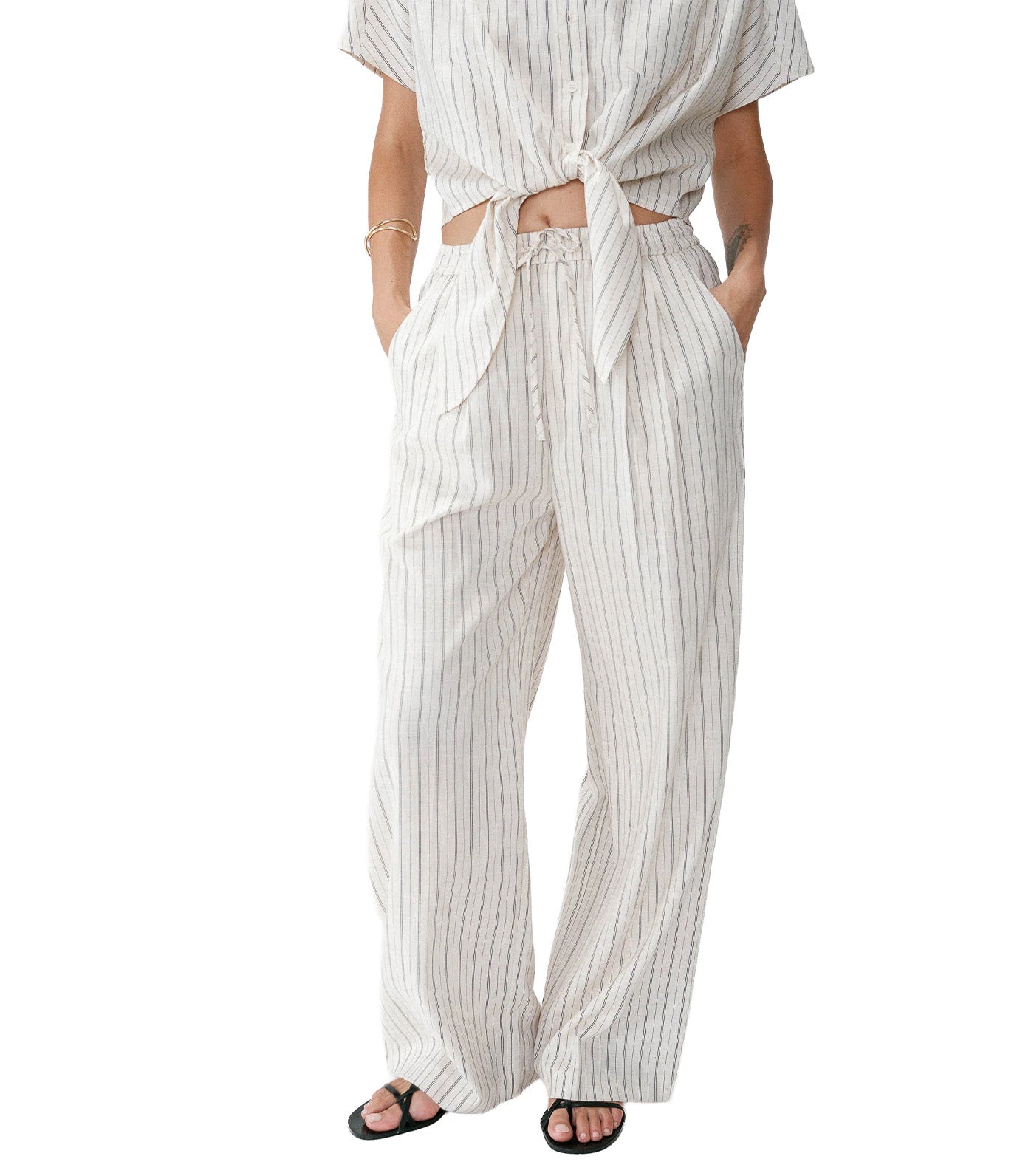 Weston Striped Linen and Tencel Wide-Leg Pants Sable