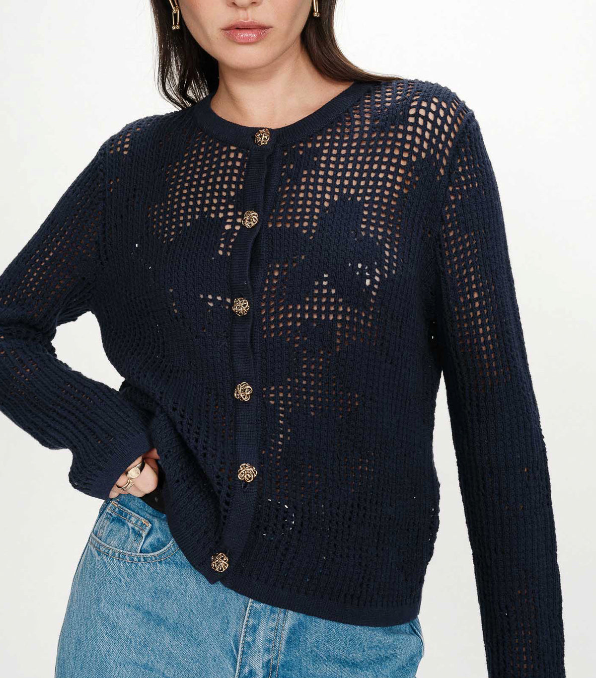 Velasquez Openwork Knit Long-Sleeve Cardigan Marine
