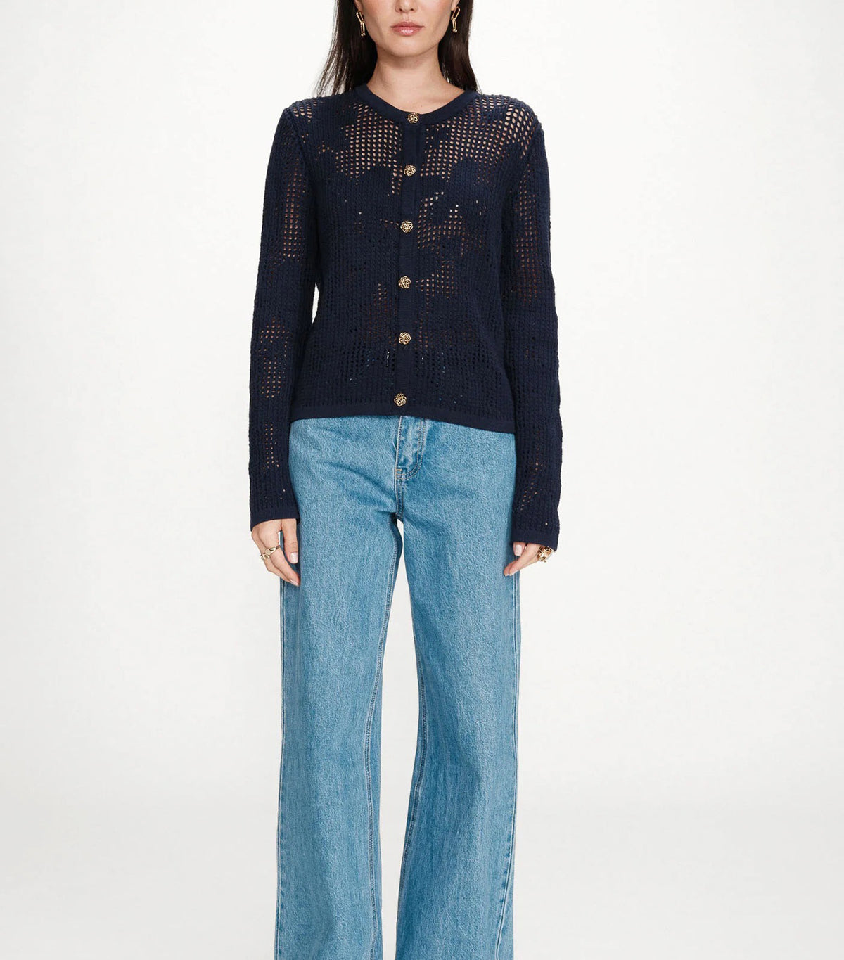 Velasquez Openwork Knit Long-Sleeve Cardigan Marine