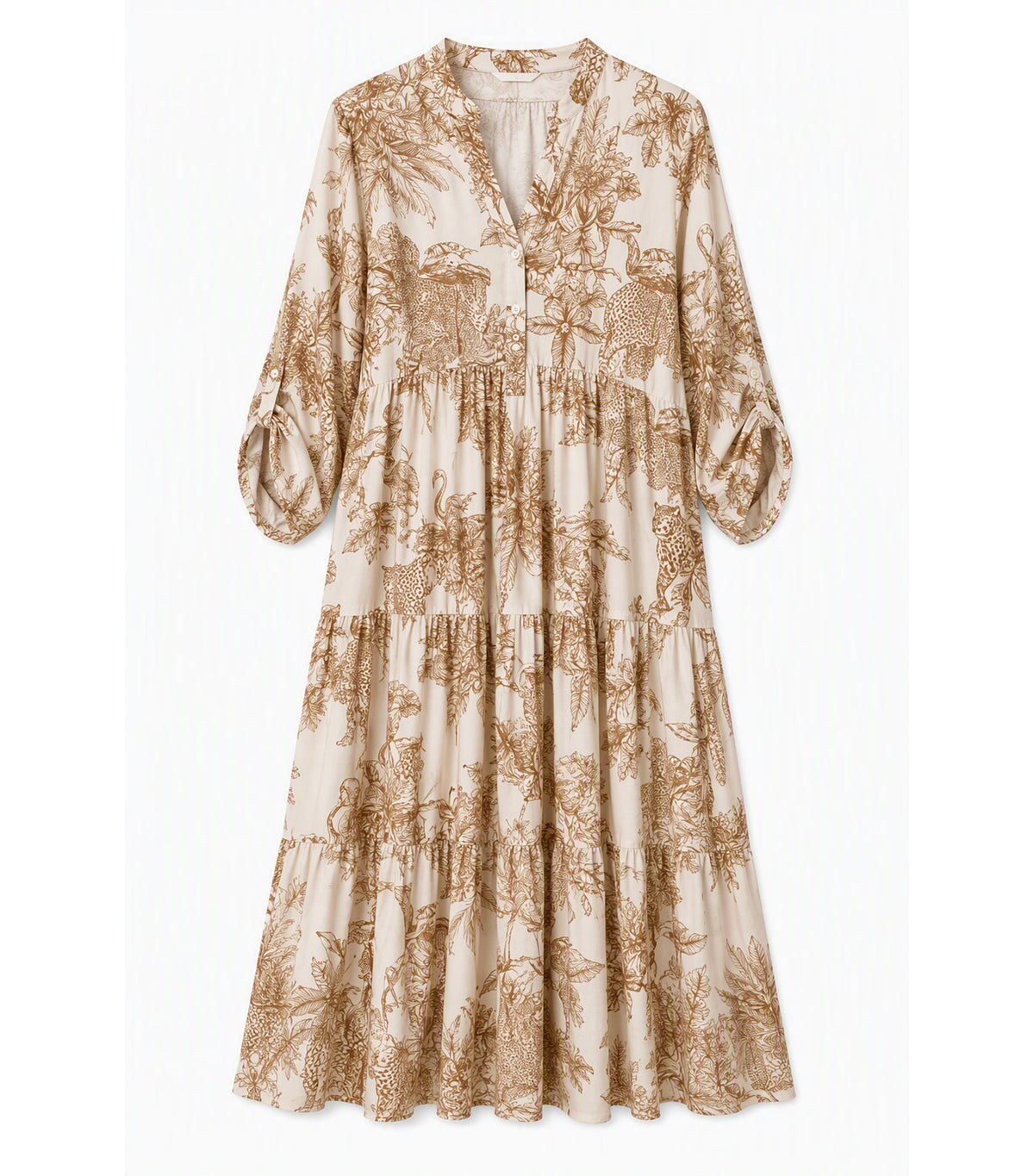 Floral Tiered Midi Dress Light Brown