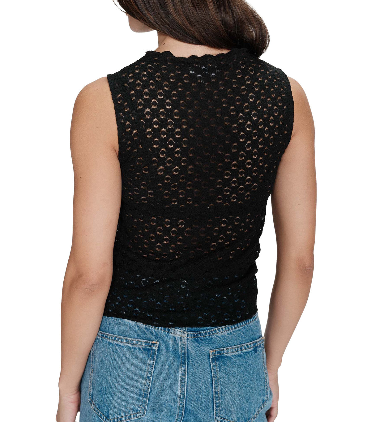 Vintie Fitted Sleeveless Lace Crew-Neck Top Black